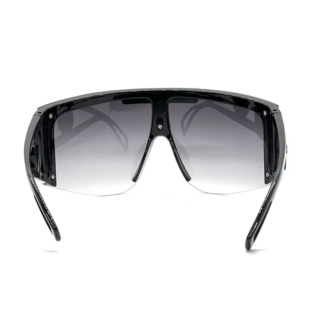 Oversized Shield Sunglasses Black Flat Top Visor Gradient Lens Gold Women Lentes